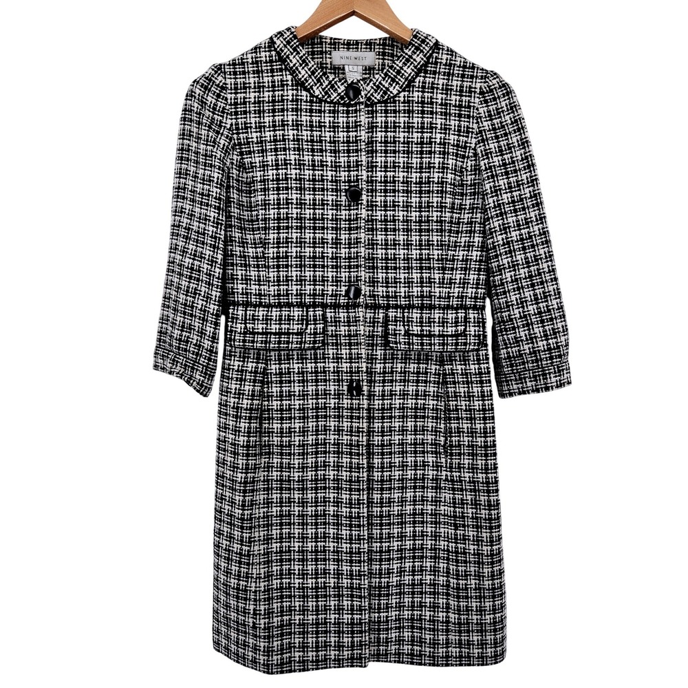 Nine West Tweed Coat Small Black White Houndstooth Snap Front Academia Old Money